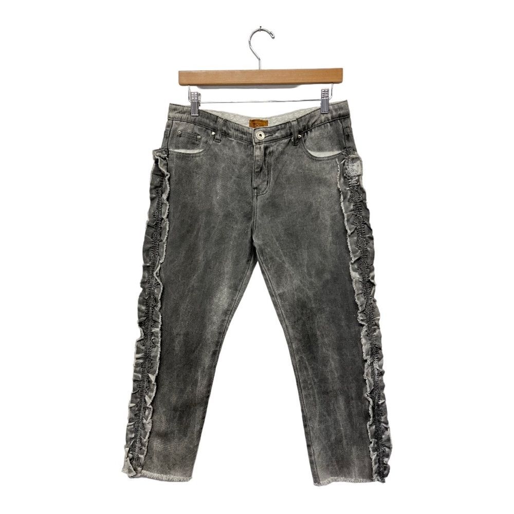POL | Anthropologie Jeans Pol Ruffle Side Crochet Trim Mid Rise Cropped Gray M - Picture 4 of 12